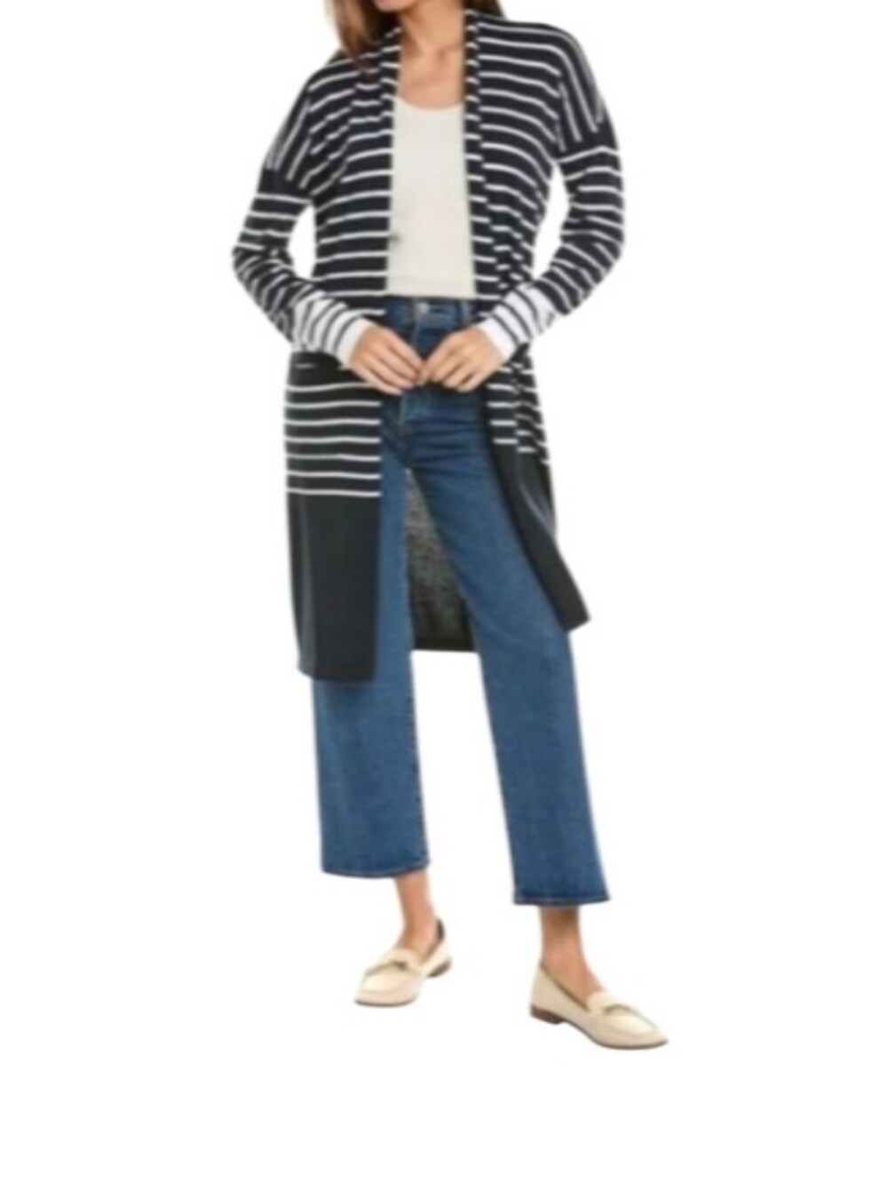 CAbi Boathouse Navy and White Striped Cotton Cardigan-NWT